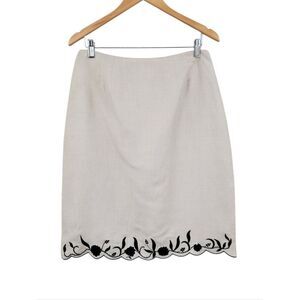 Vintage Linen Blend Beige Pencil Skirt Black Scalloped Embroidered Floral Hem